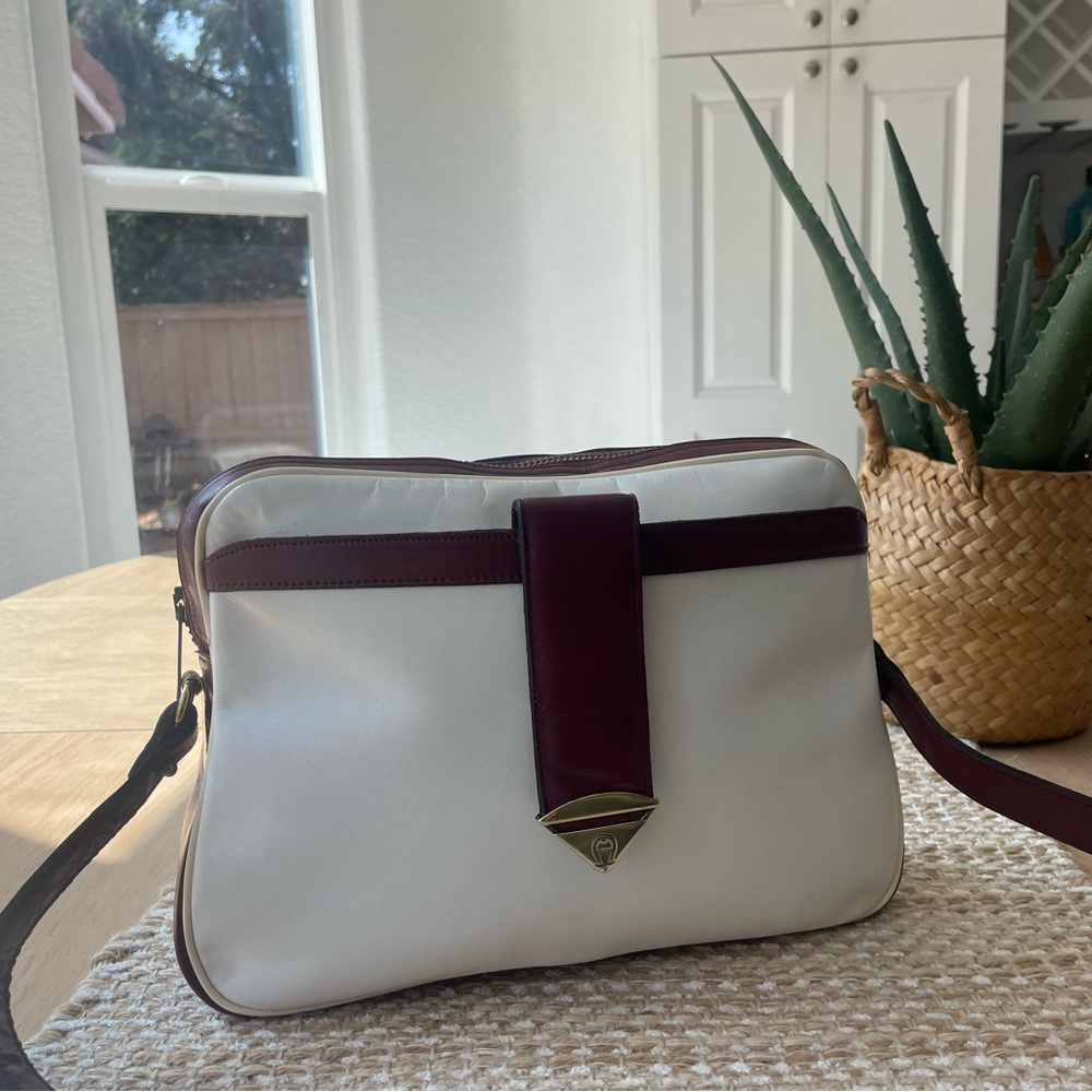 Vintage Etienne Aigner White and Burgundy Leather Crossbody with Gold Hardware